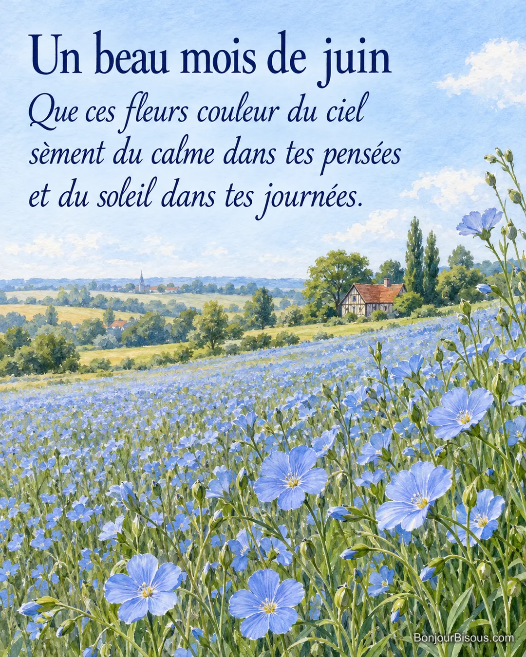 Un champ normand de lin aux fleurs bleues ondule dans la brise devant une petite ferme à colombages, avec le texte « Un beau mois de juin Que ces fleurs couleur du ciel sèment du calme dans tes pensées et du soleil dans tes journées. ». Un champ normand de lin aux fleurs bleues ondule dans la brise devant une petite ferme à colombages, avec le texte « Un beau mois de juin Que ces fleurs couleur du ciel sèment du calme dans tes pensées et du soleil dans tes journées. ».
