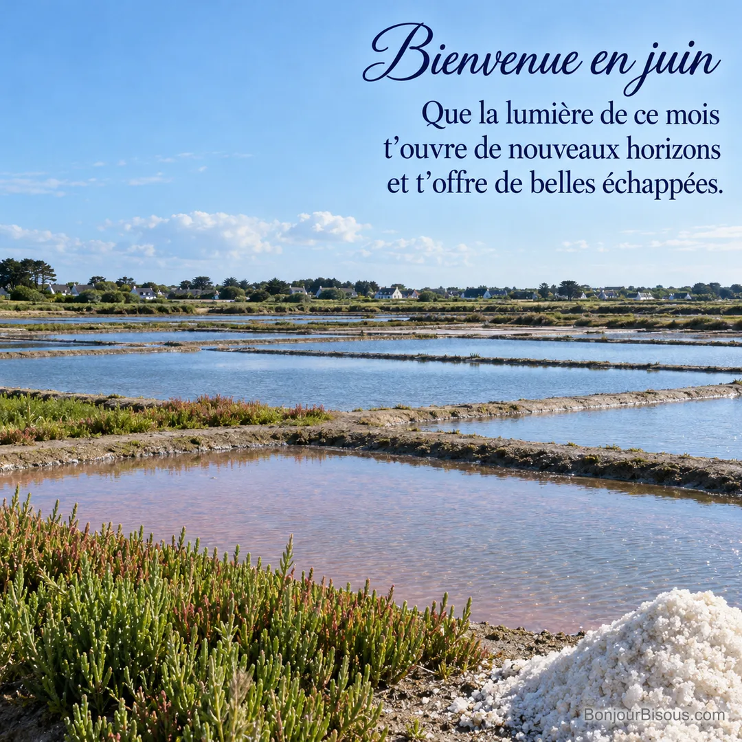 Des bassins turquoise des marais salants de Guérande s’étendent derrière un petit tas de sel et des salicornes, avec le texte « Bienvenue en juin Que la lumière de ce mois t’ouvre de nouveaux horizons et t’offre de belles échappées. ». Des bassins turquoise des marais salants de Guérande s’étendent derrière un petit tas de sel et des salicornes, avec le texte « Bienvenue en juin Que la lumière de ce mois t’ouvre de nouveaux horizons et t’offre de belles échappées. ».