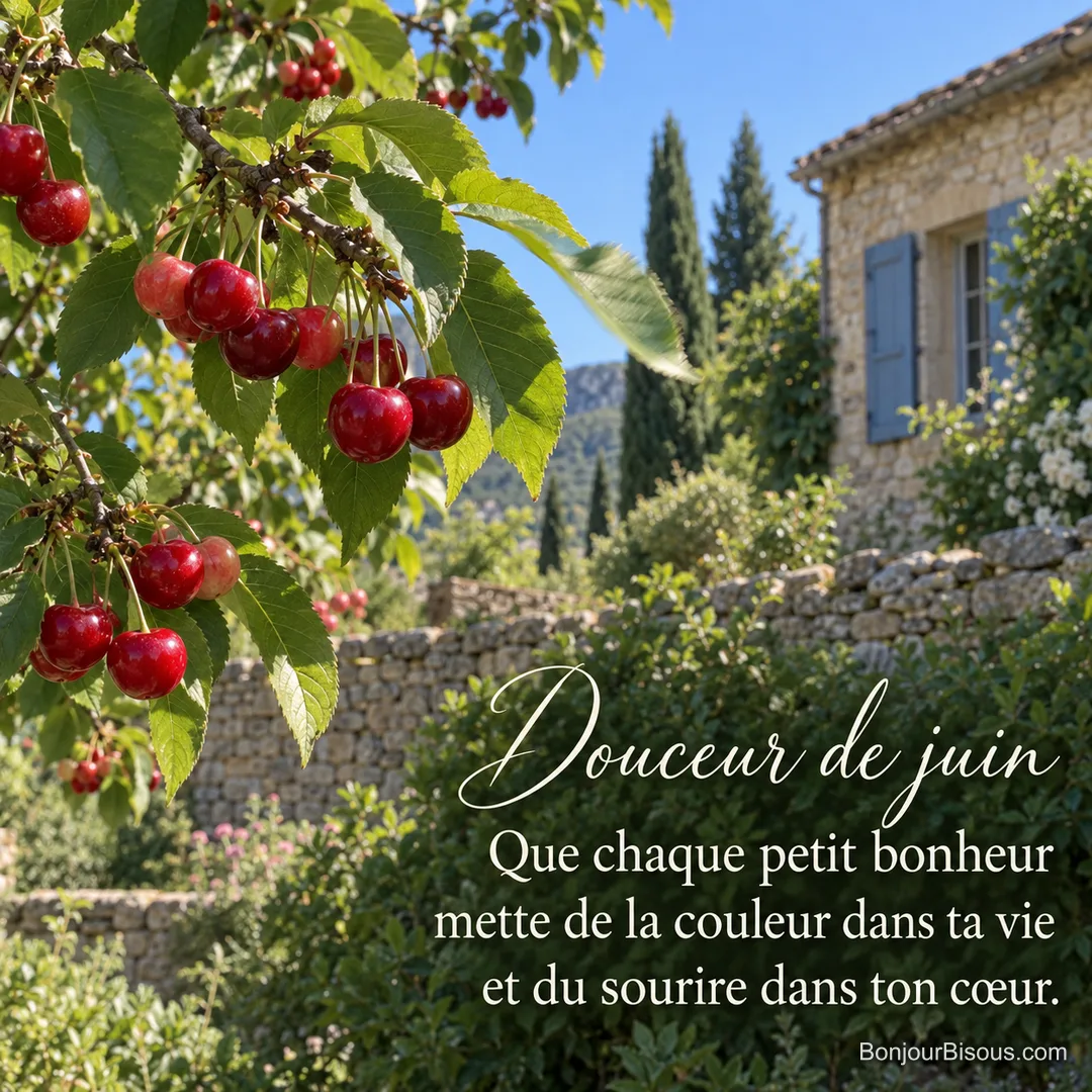 Une branche de cerisier du Luberon porte des fruits rouges et rosés parmi des feuilles remuées par la brise, avec le texte « Douceur de juin Que chaque petit bonheur mette de la couleur dans ta vie et du sourire dans ton cœur. ». Une branche de cerisier du Luberon porte des fruits rouges et rosés parmi des feuilles remuées par la brise, avec le texte « Douceur de juin Que chaque petit bonheur mette de la couleur dans ta vie et du sourire dans ton cœur. ».