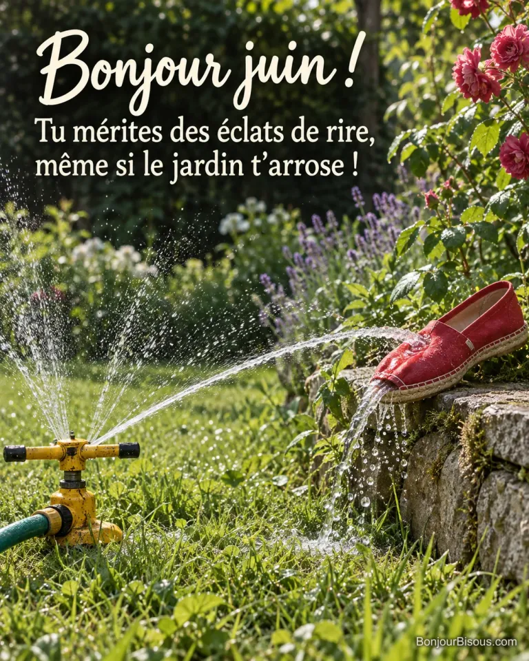 Un arroseur rotatif fait jaillir de l’eau d’une espadrille rouge dans un jardin de juin, avec le texte « Bonjour juin ! Tu mérites des éclats de rire, même si le jardin t’arrose ! ».