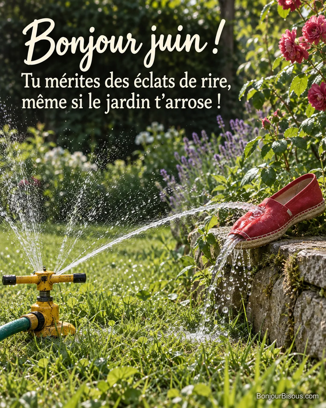 Un arroseur rotatif fait jaillir de l’eau d’une espadrille rouge dans un jardin de juin, avec le texte « Bonjour juin ! Tu mérites des éclats de rire, même si le jardin t’arrose ! ». Un arroseur rotatif fait jaillir de l’eau d’une espadrille rouge dans un jardin de juin, avec le texte « Bonjour juin ! Tu mérites des éclats de rire, même si le jardin t’arrose ! ».