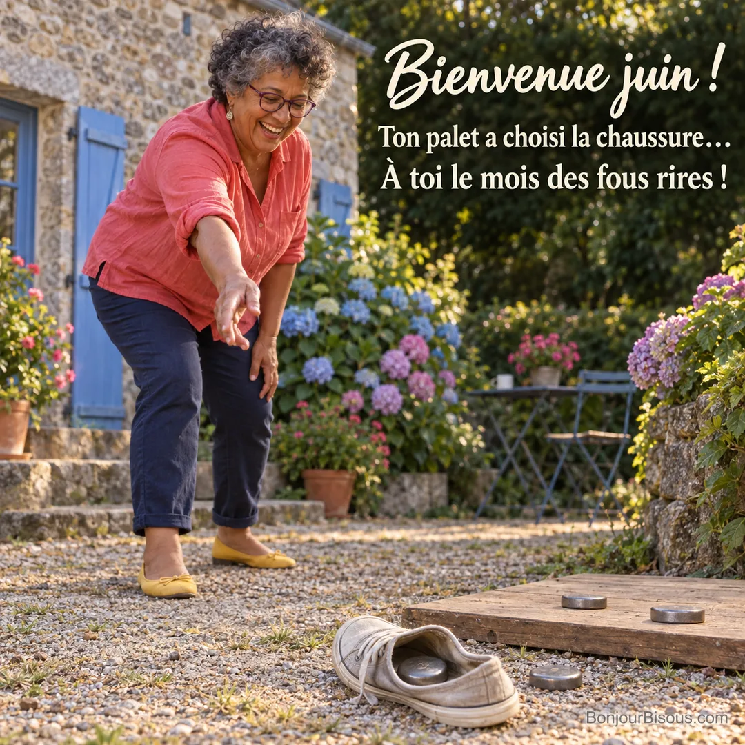 Une femme rit en découvrant son palet tombé dans une chaussure à côté de la planche de jeu, avec le texte « Bienvenue juin ! Ton palet a choisi la chaussure… À toi le mois des fous rires ! ». Une femme rit en découvrant son palet tombé dans une chaussure à côté de la planche de jeu, avec le texte « Bienvenue juin ! Ton palet a choisi la chaussure… À toi le mois des fous rires ! ».