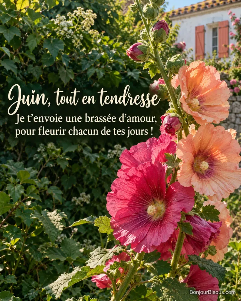Deux tiges de roses trémières roses et abricot s’enlacent devant des volets corail, avec le texte « Juin, tout en tendresse Je t’envoie une brassée d’amour, pour fleurir chacun de tes jours ! ».