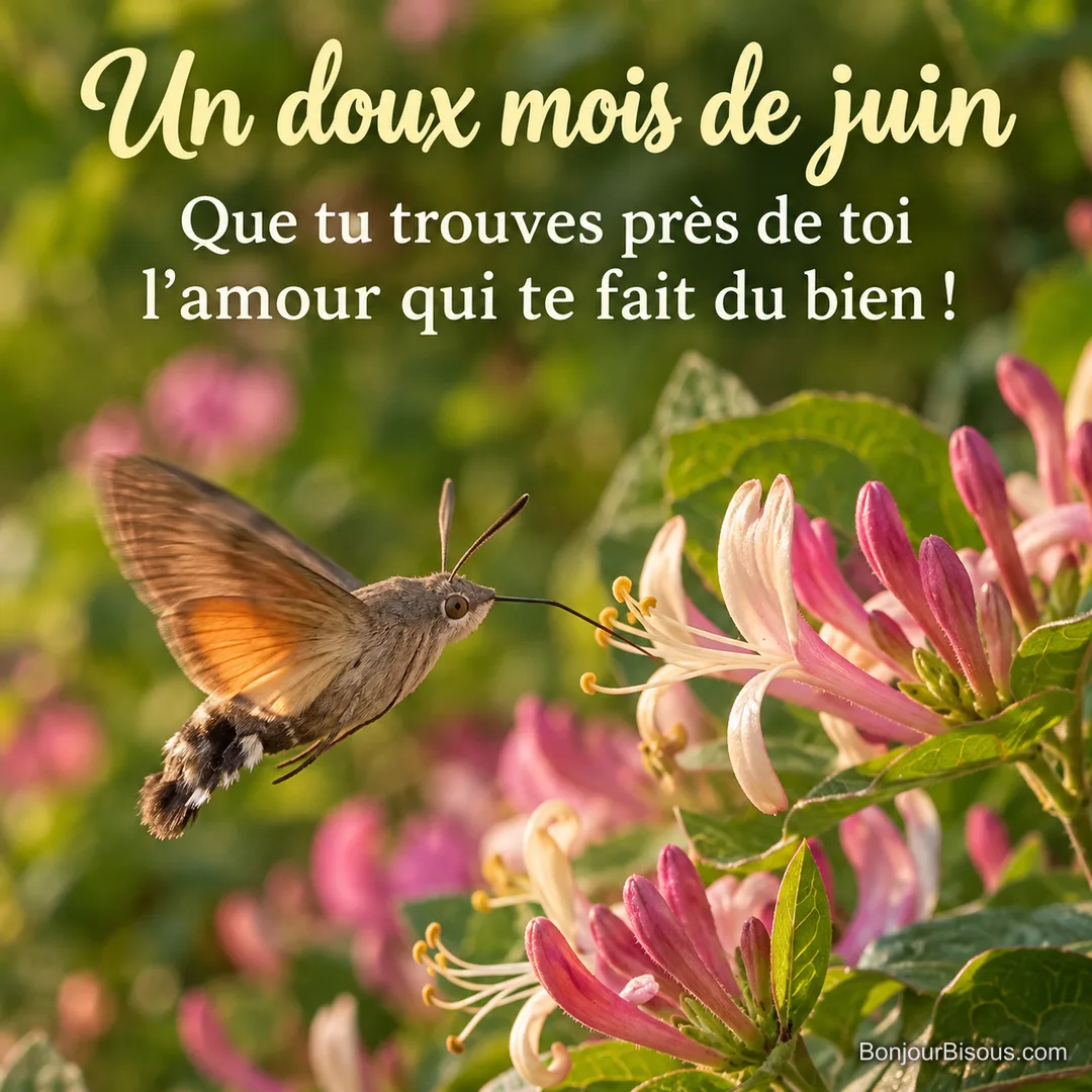 Un sphinx-colibri butine une fleur de chèvrefeuille dans la lumière dorée de juin, avec le texte « Un doux mois de juin Que tu trouves près de toi l’amour qui te fait du bien ! ». Un sphinx-colibri butine une fleur de chèvrefeuille dans la lumière dorée de juin, avec le texte « Un doux mois de juin Que tu trouves près de toi l’amour qui te fait du bien ! ».