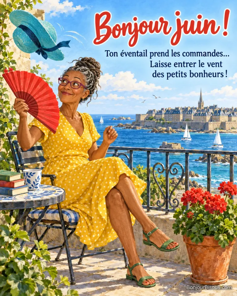 Une femme s’amuse en voyant son chapeau s’envoler sous le souffle de son grand éventail rouge, avec le texte « Bonjour juin ! Ton éventail prend les commandes… Laisse entrer le vent des petits bonheurs ! ».