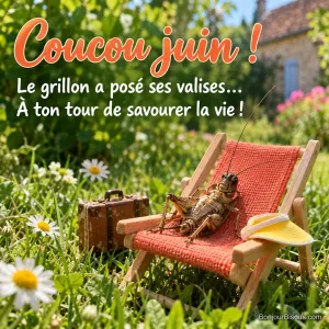 Un grillon se détend sur un minuscule transat corail installé dans l’herbe fleurie, avec le texte « Coucou juin ! Le grillon a posé ses valises… À ton tour de savourer la vie ! ».