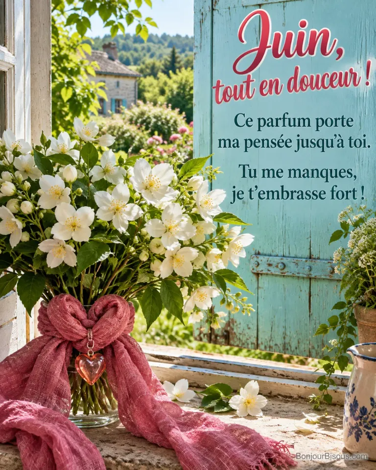 Une brassée de seringat blanc est enveloppée dans un foulard framboise noué en cœur, avec le texte « Juin, tout en douceur ! Ce parfum porte ma pensée jusqu’à toi. Tu me manques, je t’embrasse fort ! ».
