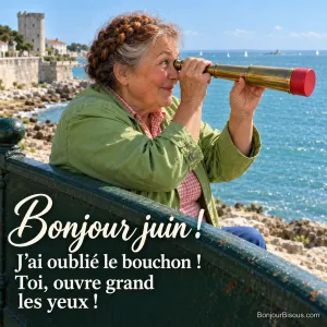 Une femme observe la mer avec une longue-vue dont le grand objectif porte encore son bouchon rouge opaque, avec le message « Bonjour juin ! J’ai oublié le bouchon ! Toi, ouvre grand les yeux ! ».