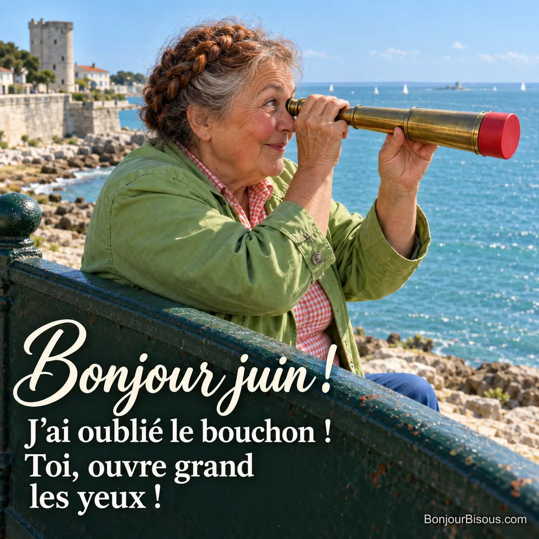 Une femme observe la mer avec une longue-vue dont le grand objectif porte encore son bouchon rouge opaque, avec le message « Bonjour juin ! J’ai oublié le bouchon ! Toi, ouvre grand les yeux ! ». Une femme observe la mer avec une longue-vue dont le grand objectif porte encore son bouchon rouge opaque, avec le message « Bonjour juin ! J’ai oublié le bouchon ! Toi, ouvre grand les yeux ! ».