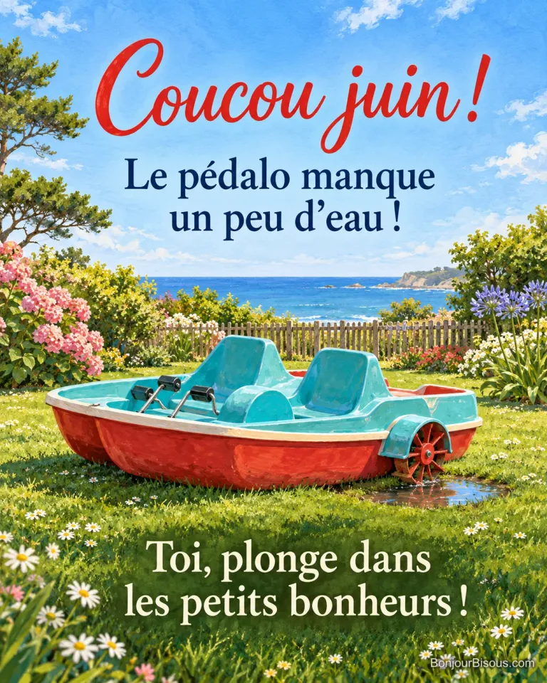 Un pédalo rouge et turquoise attend sur une pelouse près de la mer, avec une minuscule flaque sous sa roue à aubes, accompagné du message « Coucou juin ! Le pédalo manque un peu d’eau ! Toi, plonge dans les petits bonheurs ! ».