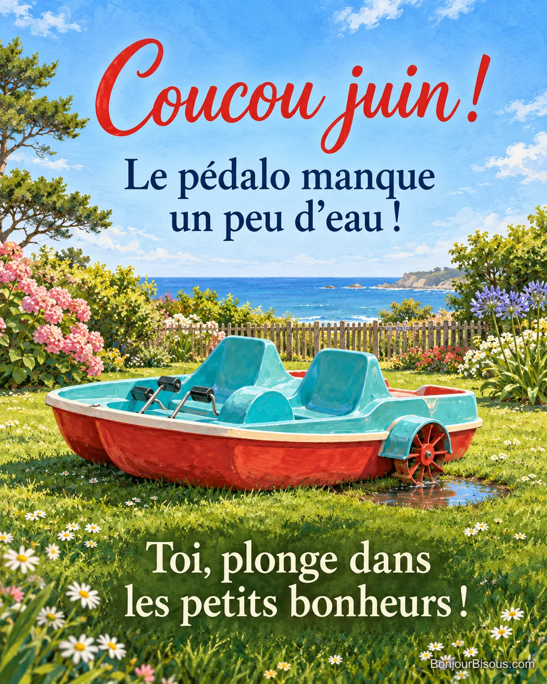 Un pédalo rouge et turquoise attend sur une pelouse près de la mer, avec une minuscule flaque sous sa roue à aubes, accompagné du message « Coucou juin ! Le pédalo manque un peu d’eau ! Toi, plonge dans les petits bonheurs ! ». Un pédalo rouge et turquoise attend sur une pelouse près de la mer, avec une minuscule flaque sous sa roue à aubes, accompagné du message « Coucou juin ! Le pédalo manque un peu d’eau ! Toi, plonge dans les petits bonheurs ! ».