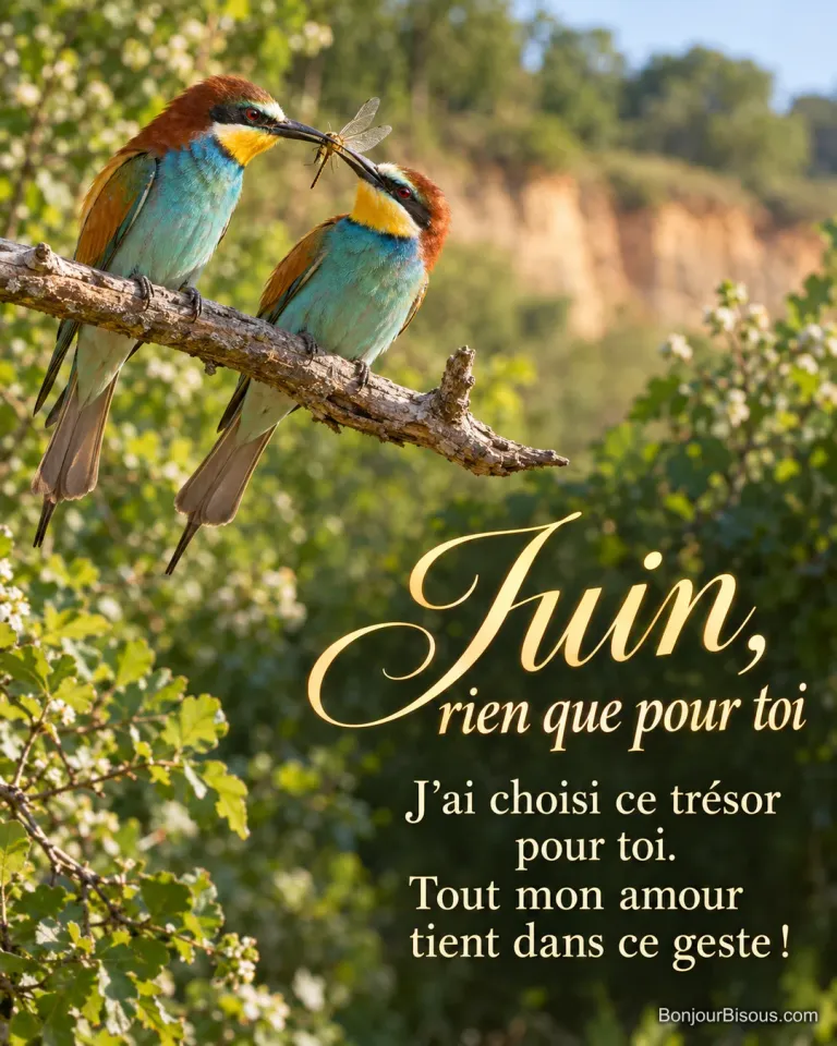 Un guêpier d’Europe offre une libellule à sa partenaire sur une branche ensoleillée dans la vallée de la Loire, avec le message « Juin, rien que pour toi J’ai choisi ce trésor pour toi. Tout mon amour tient dans ce geste ! ».
