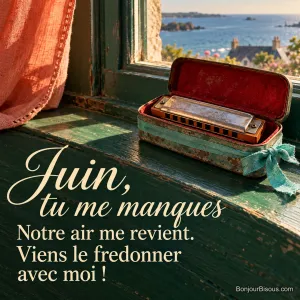Un harmonica patiné repose dans sa boîte ancienne nouée d’un ruban turquoise près d’une fenêtre ouverte sur la mer en juin, avec le message « Juin, tu me manques Notre air me revient. Viens le fredonner avec moi ! ».