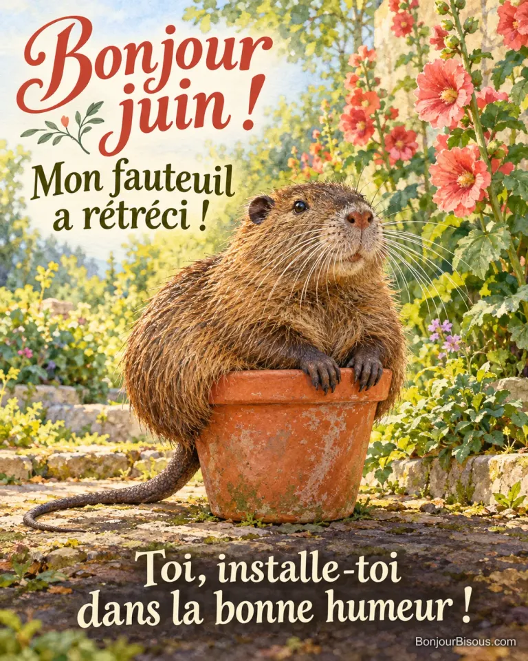 Un jeune ragondin déborde d’un pot de fleurs trop étroit dans un jardin de juin, avec le message « Bonjour juin ! Mon fauteuil a rétréci ! Toi, installe-toi dans la bonne humeur ! ».