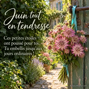Un bouquet d’astrances roses noué d’un ruban turquoise est accroché au loquet d’un portillon vert, avec le message « Juin tout en tendresse Ces petites étoiles ont poussé pour toi. Tu embellis jusqu’aux jours ordinaires ! ».