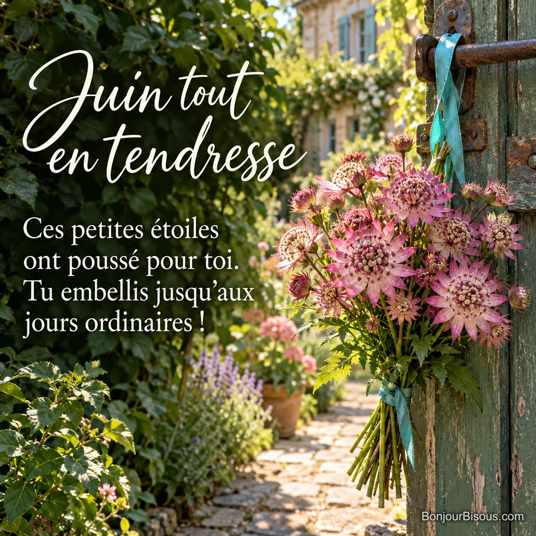 Un bouquet d’astrances roses noué d’un ruban turquoise est accroché au loquet d’un portillon vert, avec le message « Juin tout en tendresse Ces petites étoiles ont poussé pour toi. Tu embellis jusqu’aux jours ordinaires ! ». Un bouquet d’astrances roses noué d’un ruban turquoise est accroché au loquet d’un portillon vert, avec le message « Juin tout en tendresse Ces petites étoiles ont poussé pour toi. Tu embellis jusqu’aux jours ordinaires ! ».