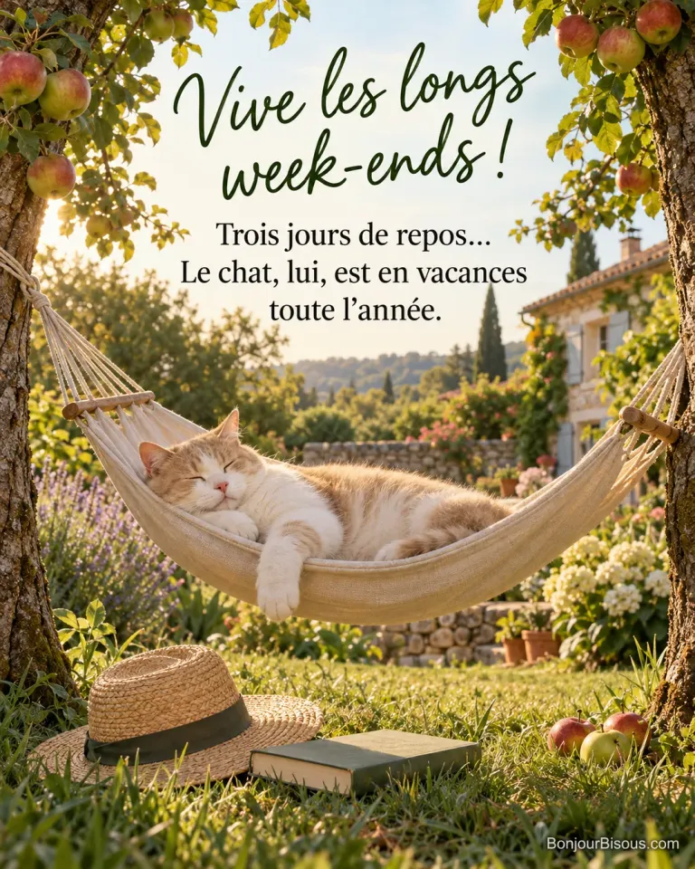Photo d’un chat endormi dans un hamac entre deux pommiers chargés de pommes, avec un chapeau de paille et un livre dans l’herbe devant une maison de pierre, avec le texte « Vive les longs week-ends ! Trois jours de repos… Le chat, lui, est en vacances toute l’année. »