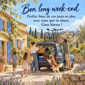 Peinture d’une famille qui charge une voiture devant une maison aux volets bleus, vélos sur le toit, panier de pique-nique, ballon et cerf-volant, le chien sautant de joie, avec le texte « Bon long week-end – Profite bien de ces jours en plus avec ceux que tu aimes. Gros bisous ! »