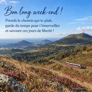 Un train à crémaillère rouge et blanc gravit une pente verdoyante en Auvergne, avec le texte « Bon long week-end ! Prends le chemin qui te plaît, garde du temps pour t’émerveiller et savoure ces jours de liberté ! ».