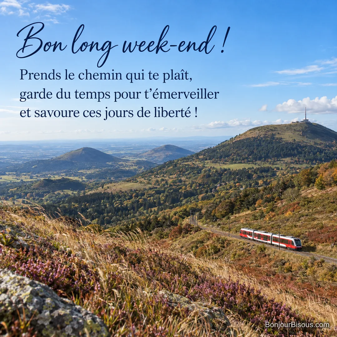 Un train à crémaillère rouge et blanc gravit une pente verdoyante en Auvergne, avec le texte « Bon long week-end ! Prends le chemin qui te plaît, garde du temps pour t’émerveiller et savoure ces jours de liberté ! ». Un train à crémaillère rouge et blanc gravit une pente verdoyante en Auvergne, avec le texte « Bon long week-end ! Prends le chemin qui te plaît, garde du temps pour t’émerveiller et savoure ces jours de liberté ! ».