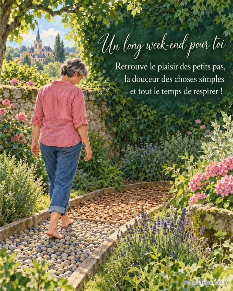 Une femme marche pieds nus sur un sentier sensoriel de galets et de copeaux dans un jardin, avec le texte « Un long week-end pour toi Retrouve le plaisir des petits pas, la douceur des choses simples et tout le temps de respirer ! ».