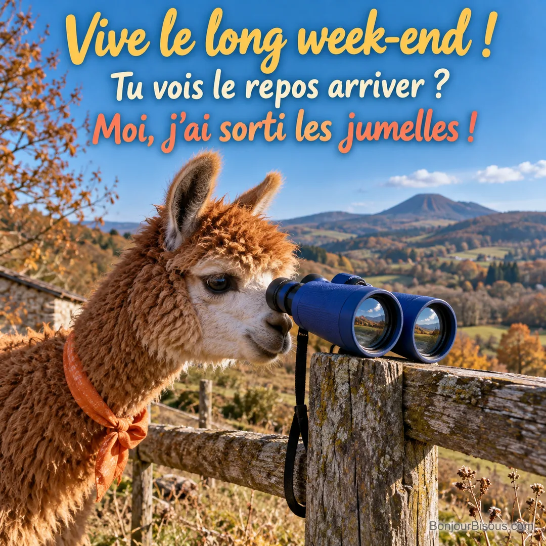 Un alpaga caramel approche son museau de jumelles posées sur une clôture auvergnate, avec le texte « Vive le long week-end ! Tu vois le repos arriver ? Moi, j’ai sorti les jumelles ! ». Un alpaga caramel approche son museau de jumelles posées sur une clôture auvergnate, avec le texte « Vive le long week-end ! Tu vois le repos arriver ? Moi, j’ai sorti les jumelles ! ».