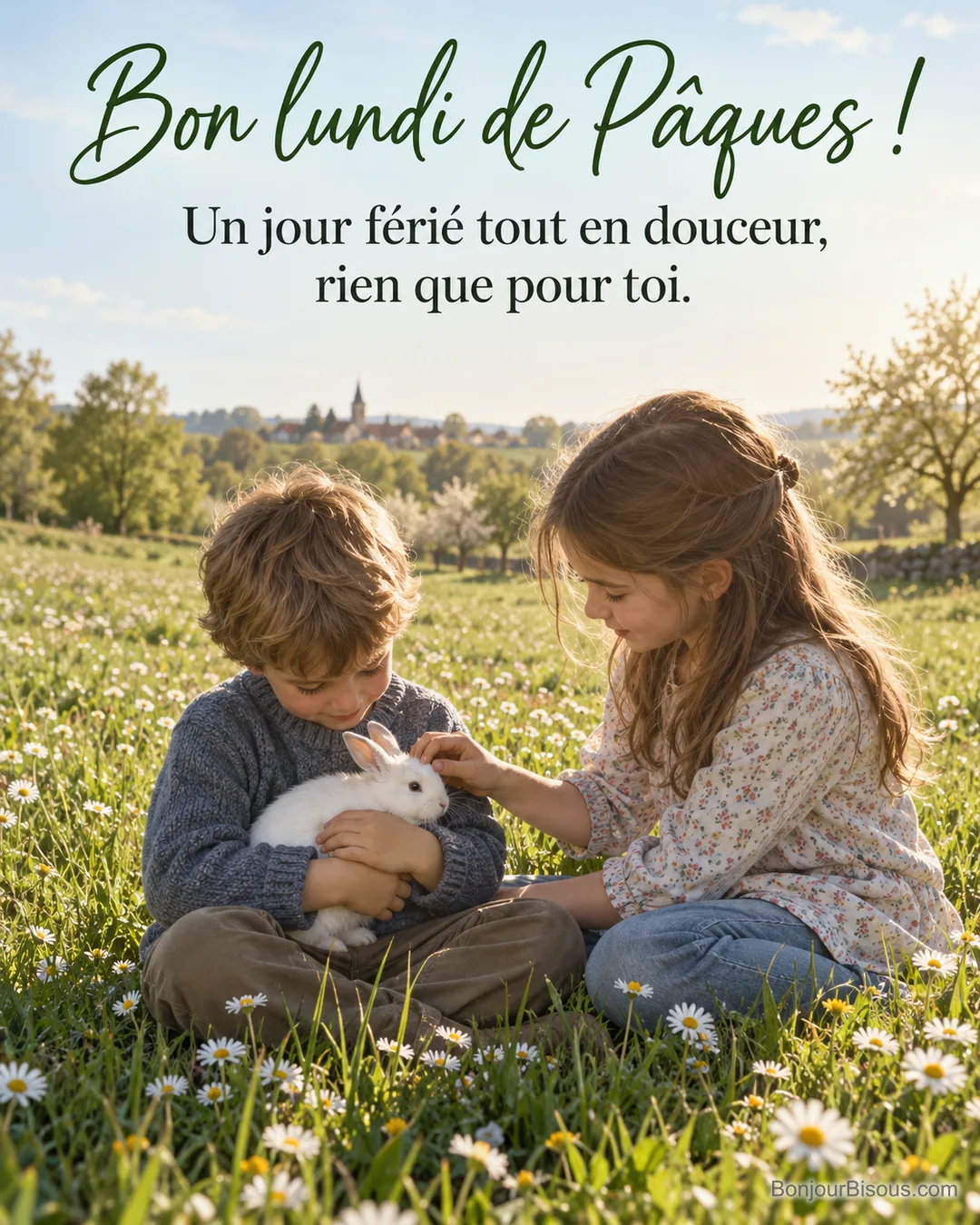 Photo d’un garçon assis dans un pré de pâquerettes qui tient un lapin blanc contre lui pendant que sa sœur le caresse, village et clocher au loin, avec le texte « Bon lundi de Pâques ! Un jour férié tout en douceur, rien que pour toi. » Photo d’un garçon assis dans un pré de pâquerettes qui tient un lapin blanc contre lui pendant que sa sœur le caresse, village et clocher au loin, avec le texte « Bon lundi de Pâques ! Un jour férié tout en douceur, rien que pour toi. »