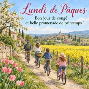 Peinture d’une famille de quatre personnes vue de dos à vélo sur un chemin bordé de tulipes, le long d’un champ de colza jaune vers un village et son clocher, avec le texte « Lundi de Pâques – Bon jour de congé et belle promenade de printemps ! »