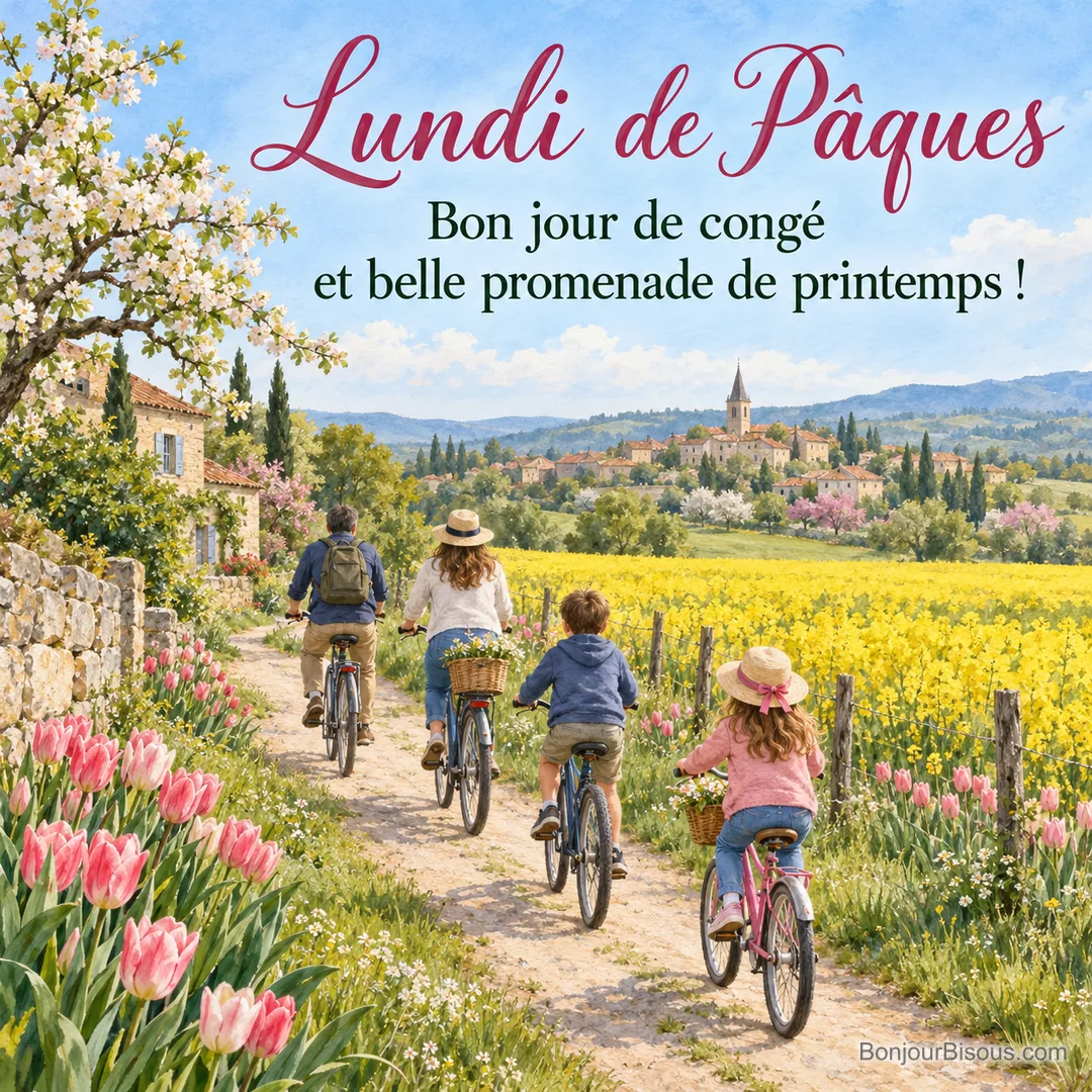 Peinture d’une famille de quatre personnes vue de dos à vélo sur un chemin bordé de tulipes, le long d’un champ de colza jaune vers un village et son clocher, avec le texte « Lundi de Pâques – Bon jour de congé et belle promenade de printemps ! » Peinture d’une famille de quatre personnes vue de dos à vélo sur un chemin bordé de tulipes, le long d’un champ de colza jaune vers un village et son clocher, avec le texte « Lundi de Pâques – Bon jour de congé et belle promenade de printemps ! »