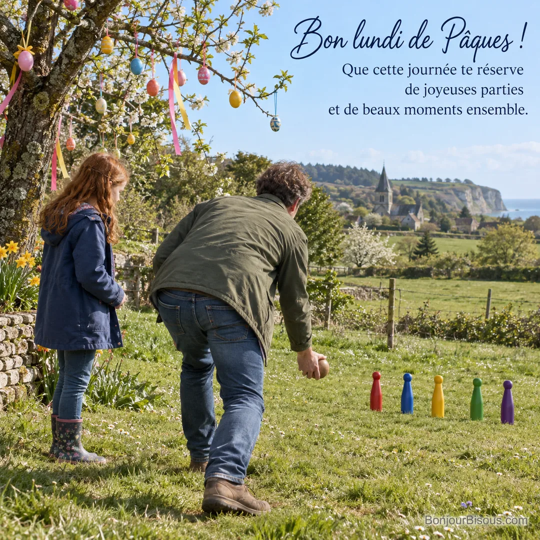 Un père et sa fille jouent aux cinq quilles dans un pré décoré pour Pâques, avec le texte « Bon lundi de Pâques ! Que cette journée te réserve de joyeuses parties et de beaux moments ensemble. ». Un père et sa fille jouent aux cinq quilles dans un pré décoré pour Pâques, avec le texte « Bon lundi de Pâques ! Que cette journée te réserve de joyeuses parties et de beaux moments ensemble. ».