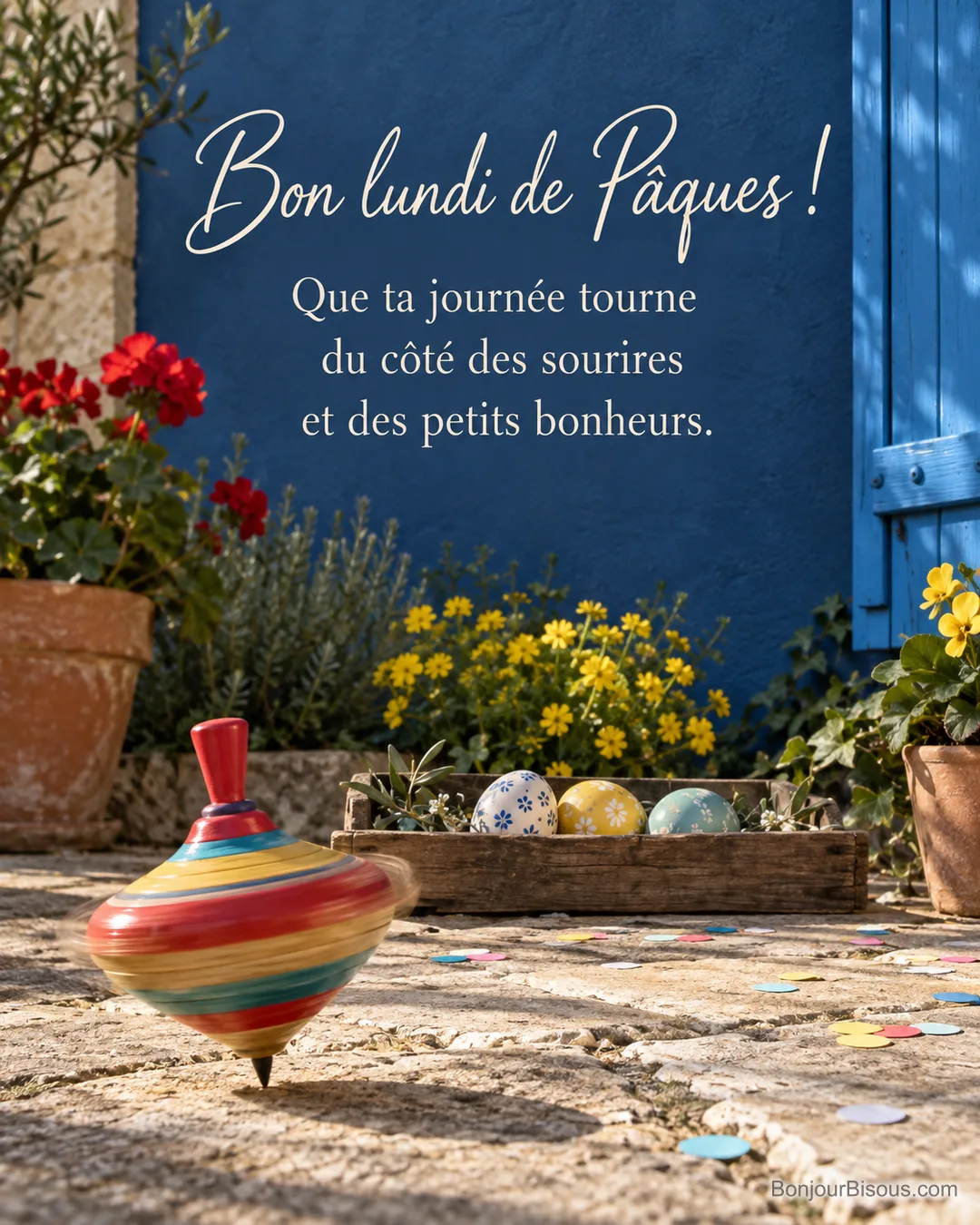 Une toupie multicolore tourne sur une terrasse ornée de confettis et de décorations de Pâques, avec le texte « Bon lundi de Pâques ! Que ta journée tourne du côté des sourires et des petits bonheurs. ». Une toupie multicolore tourne sur une terrasse ornée de confettis et de décorations de Pâques, avec le texte « Bon lundi de Pâques ! Que ta journée tourne du côté des sourires et des petits bonheurs. ».