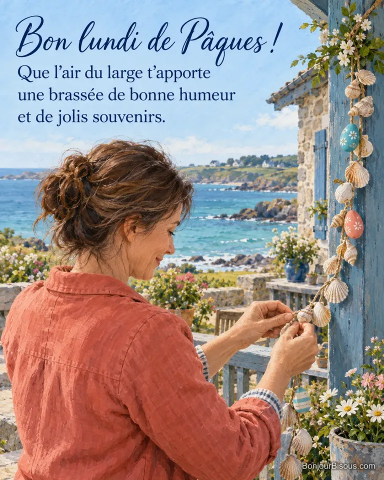 Une femme assemble une guirlande de coquillages et d’œufs décoratifs sur une terrasse bretonne, avec le texte « Bon lundi de Pâques ! Que l’air du large t’apporte une brassée de bonne humeur et de jolis souvenirs. ».