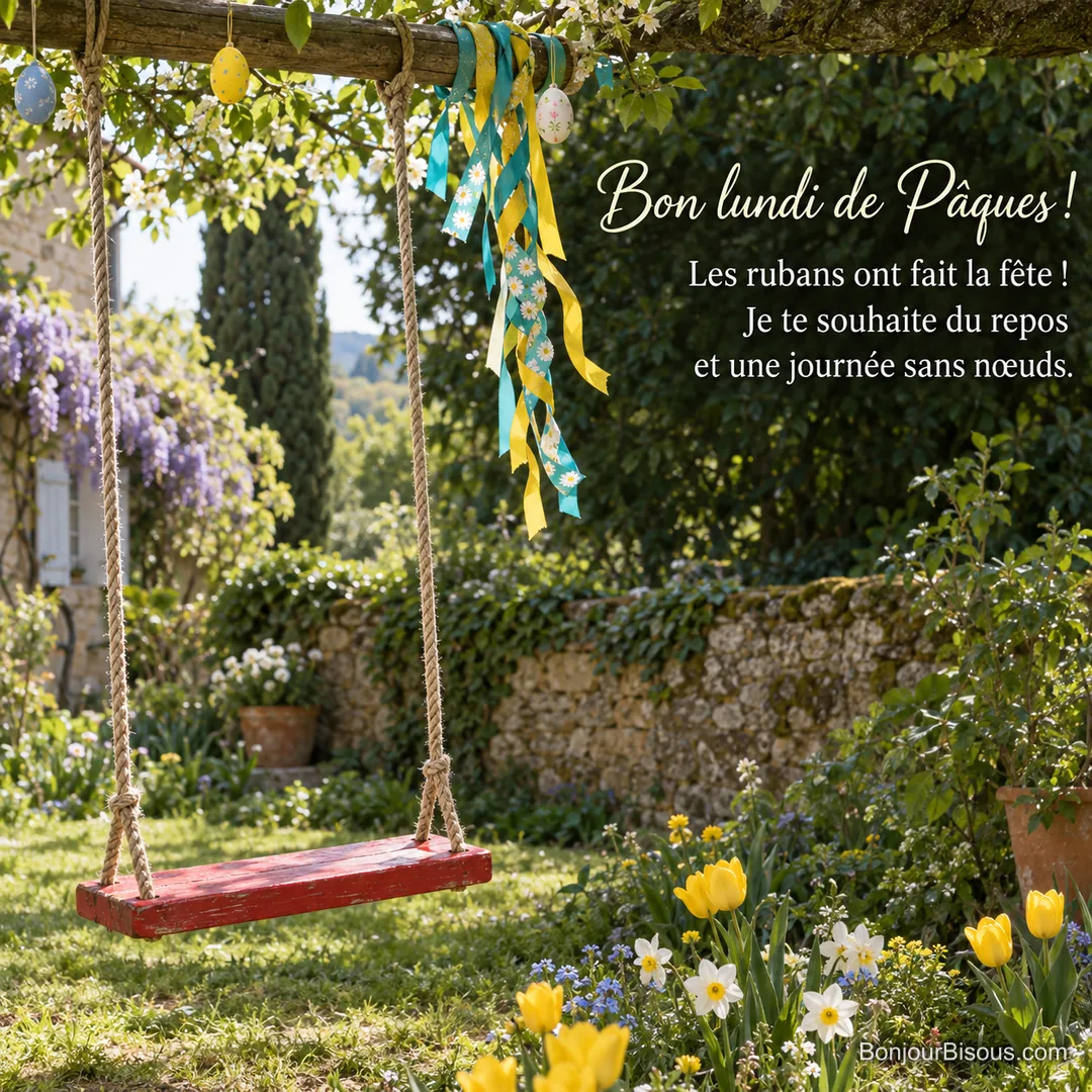 Une balançoire rouge est décorée de rubans de Pâques joyeusement emmêlés dans un jardin fleuri, avec le texte « Bon lundi de Pâques ! Les rubans ont fait la fête ! Je te souhaite du repos et une journée sans nœuds. ». Une balançoire rouge est décorée de rubans de Pâques joyeusement emmêlés dans un jardin fleuri, avec le texte « Bon lundi de Pâques ! Les rubans ont fait la fête ! Je te souhaite du repos et une journée sans nœuds. ».