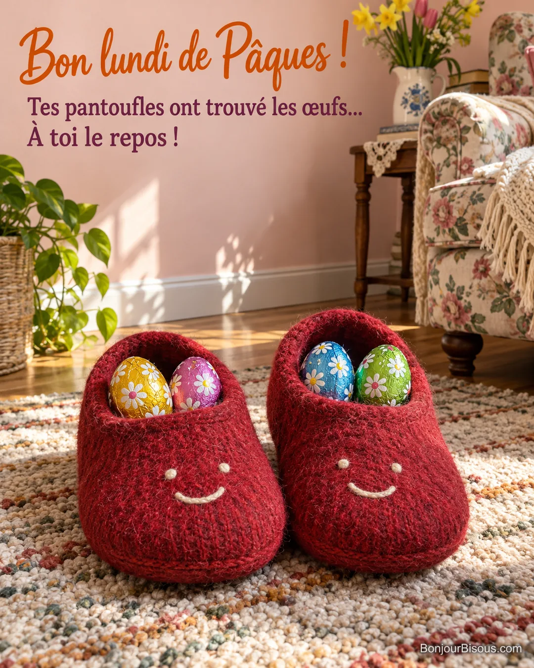 Deux pantoufles souriantes débordent d’œufs de Pâques au pied d’un fauteuil fleuri, avec le texte « Bon lundi de Pâques ! Tes pantoufles ont trouvé les œufs… À toi le repos ! ». Deux pantoufles souriantes débordent d’œufs de Pâques au pied d’un fauteuil fleuri, avec le texte « Bon lundi de Pâques ! Tes pantoufles ont trouvé les œufs… À toi le repos ! ».