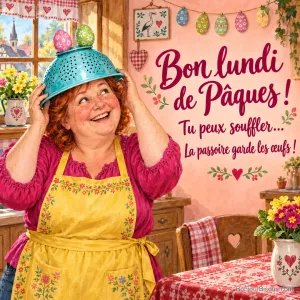 Une femme qui rit porte une passoire turquoise sur la tête, coiffée de deux œufs décoratifs, avec le texte « Bon lundi de Pâques ! Tu peux souffler… La passoire garde les œufs ! ».