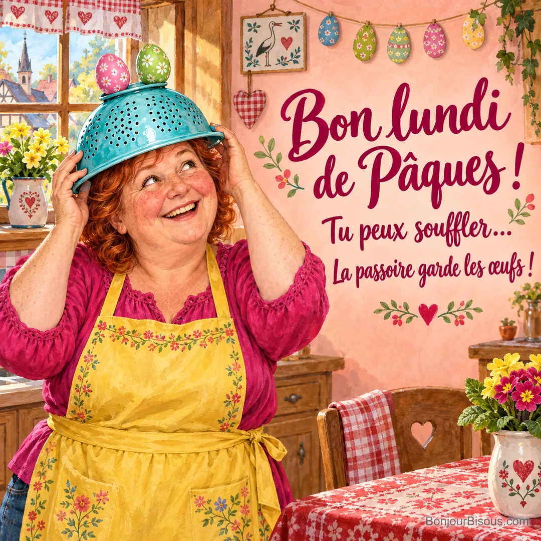 Une femme qui rit porte une passoire turquoise sur la tête, coiffée de deux œufs décoratifs, avec le texte « Bon lundi de Pâques ! Tu peux souffler… La passoire garde les œufs ! ». Une femme qui rit porte une passoire turquoise sur la tête, coiffée de deux œufs décoratifs, avec le texte « Bon lundi de Pâques ! Tu peux souffler… La passoire garde les œufs ! ».