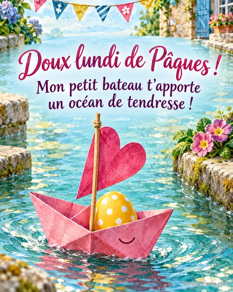 Un bateau de papier rose à la voile en cœur emporte un œuf de Pâques sur une eau turquoise, avec le texte « Doux lundi de Pâques ! Mon petit bateau t’apporte un océan de tendresse ! ».