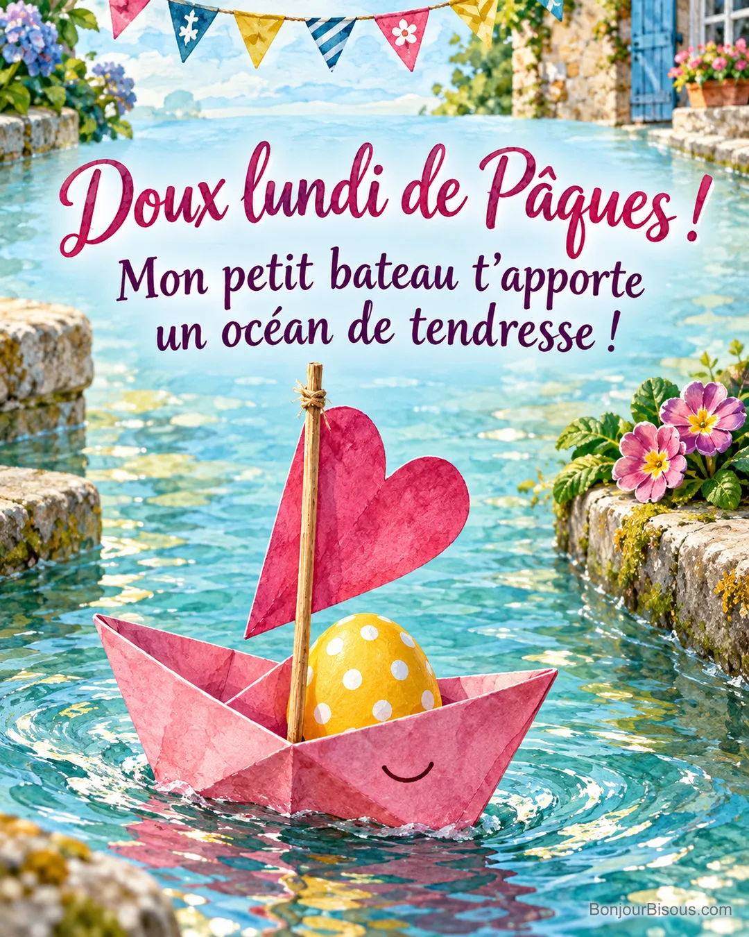 Un bateau de papier rose à la voile en cœur emporte un œuf de Pâques sur une eau turquoise, avec le texte « Doux lundi de Pâques ! Mon petit bateau t’apporte un océan de tendresse ! ». Un bateau de papier rose à la voile en cœur emporte un œuf de Pâques sur une eau turquoise, avec le texte « Doux lundi de Pâques ! Mon petit bateau t’apporte un océan de tendresse ! ».