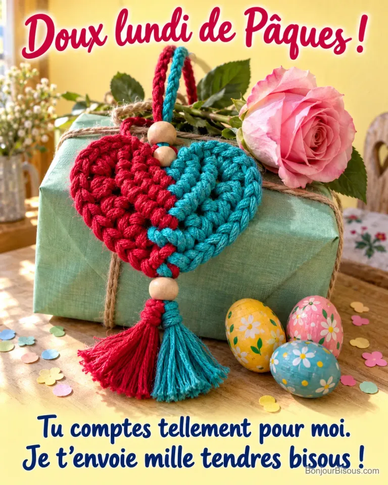 Une suspension d’amitié en macramé et une rose accompagnent un petit cadeau entouré de décorations de Pâques, avec le texte « Doux lundi de Pâques ! Tu comptes tellement pour moi. Je t’envoie mille tendres bisous ! ».