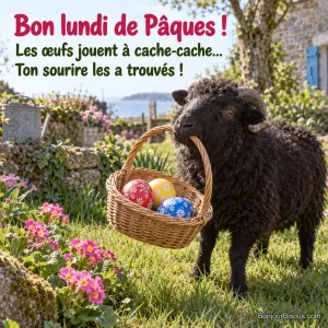 Un petit bélier noir soulève du museau un panier contenant trois œufs de Pâques colorés, avec le texte « Bon lundi de Pâques ! Les œufs jouent à cache-cache… Ton sourire les a trouvés ! ».