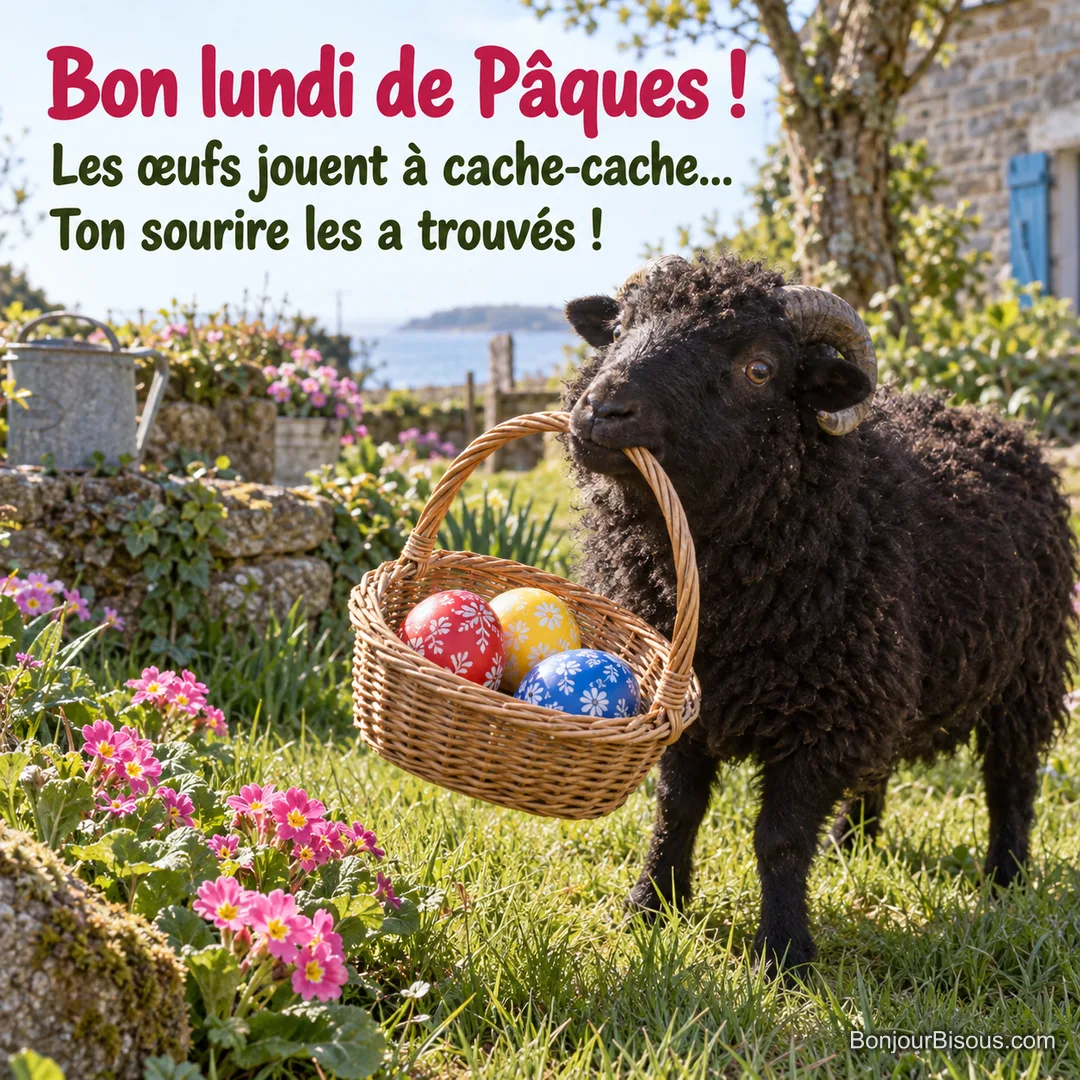 Un petit bélier noir soulève du museau un panier contenant trois œufs de Pâques colorés, avec le texte « Bon lundi de Pâques ! Les œufs jouent à cache-cache… Ton sourire les a trouvés ! ». Un petit bélier noir soulève du museau un panier contenant trois œufs de Pâques colorés, avec le texte « Bon lundi de Pâques ! Les œufs jouent à cache-cache… Ton sourire les a trouvés ! ».
