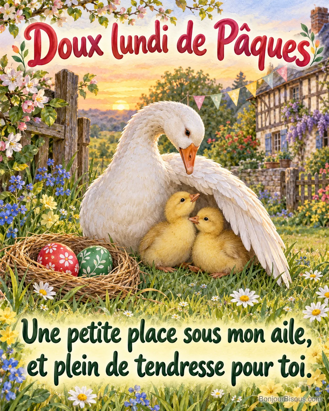 Une oie blanche abrite deux oisons jaunes sous son aile près de décorations de Pâques, avec le texte « Doux lundi de Pâques Une petite place sous mon aile, et plein de tendresse pour toi. ». Une oie blanche abrite deux oisons jaunes sous son aile près de décorations de Pâques, avec le texte « Doux lundi de Pâques Une petite place sous mon aile, et plein de tendresse pour toi. ».