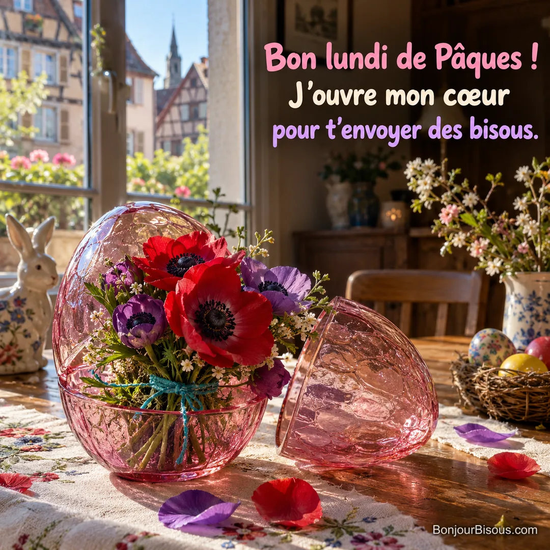 Un œuf de Pâques en verre rose s’ouvre sur un petit bouquet d’anémones rouges et violettes, avec le texte « Bon lundi de Pâques ! J’ouvre mon cœur pour t’envoyer des bisous. ». Un œuf de Pâques en verre rose s’ouvre sur un petit bouquet d’anémones rouges et violettes, avec le texte « Bon lundi de Pâques ! J’ouvre mon cœur pour t’envoyer des bisous. ».