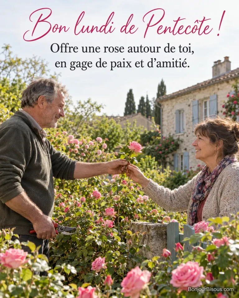 Photo d’un homme au sécateur qui tend une rose rose à sa voisine souriante par-dessus une haie de rosiers en fleurs, devant une maison en pierre, avec le texte « Bon lundi de Pentecôte ! Offre une rose autour de toi, en gage de paix et d’amitié. »