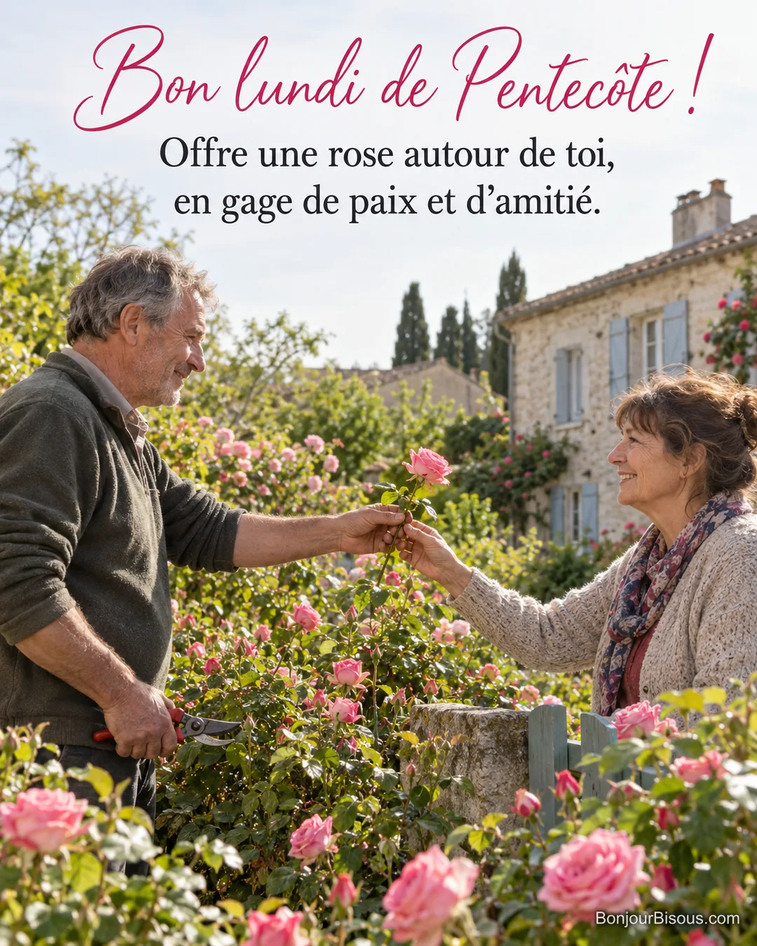 Photo d’un homme au sécateur qui tend une rose rose à sa voisine souriante par-dessus une haie de rosiers en fleurs, devant une maison en pierre, avec le texte « Bon lundi de Pentecôte ! Offre une rose autour de toi, en gage de paix et d’amitié. » Photo d’un homme au sécateur qui tend une rose rose à sa voisine souriante par-dessus une haie de rosiers en fleurs, devant une maison en pierre, avec le texte « Bon lundi de Pentecôte ! Offre une rose autour de toi, en gage de paix et d’amitié. »