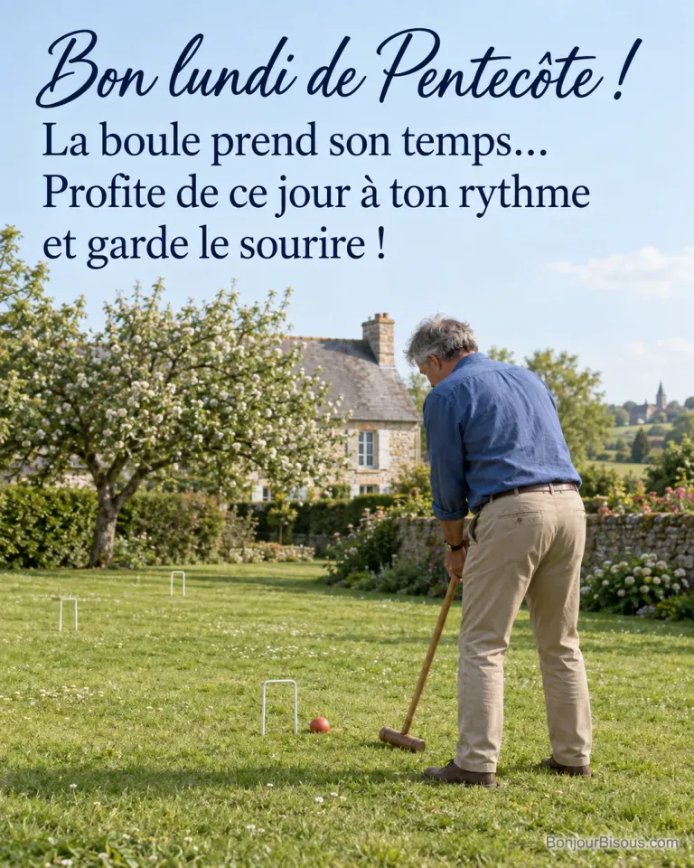 Un homme observe sa boule rouge qui a manqué un arceau de croquet dans un jardin normand, avec le texte « Bon lundi de Pentecôte ! La boule prend son temps… Profite de ce jour à ton rythme et garde le sourire ! ».