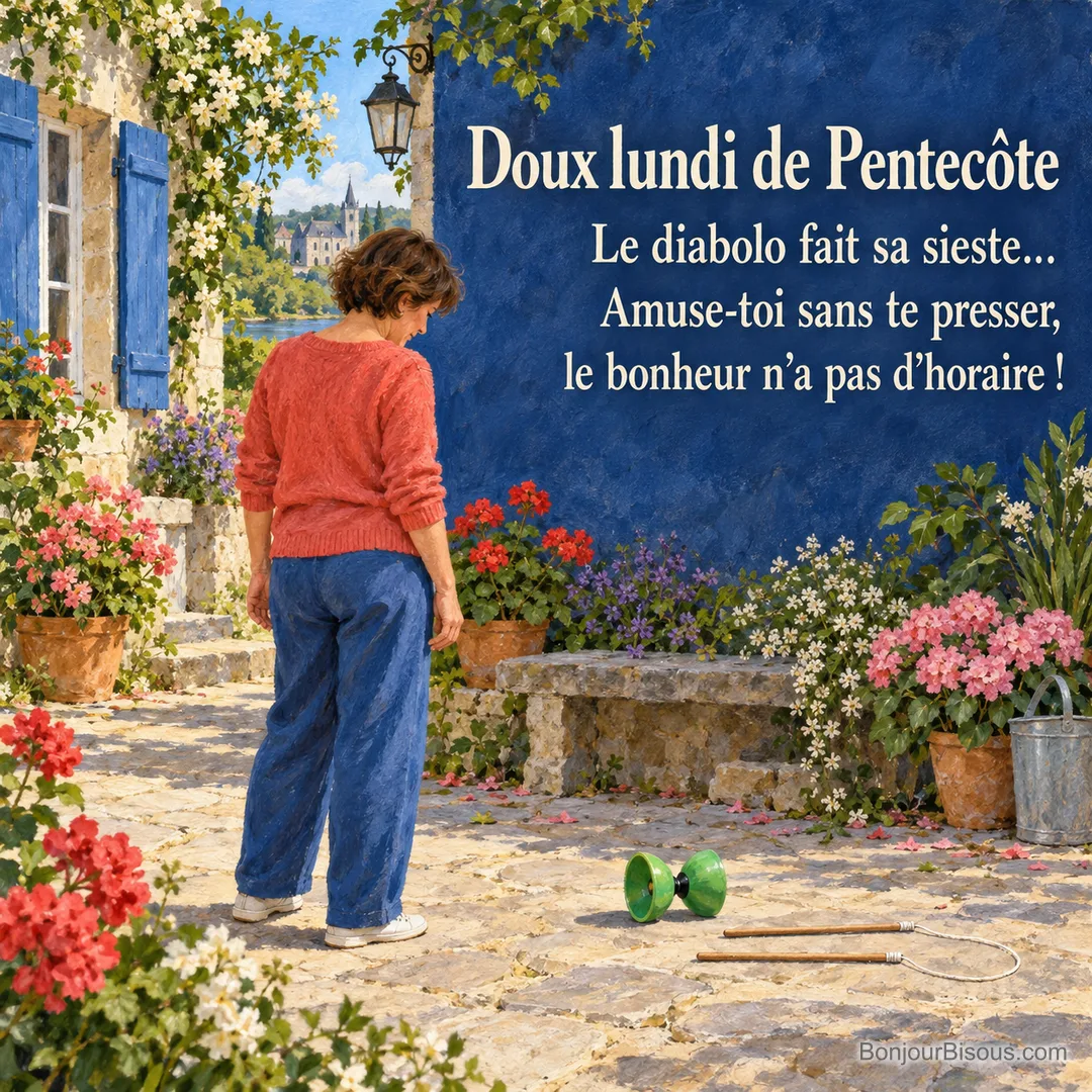 Une femme regarde un diabolo vert et deux baguettes reliées par une ficelle posés dans une cour fleurie, avec le texte « Doux lundi de Pentecôte Le diabolo fait sa sieste… Amuse-toi sans te presser, le bonheur n’a pas d’horaire ! ». Une femme regarde un diabolo vert et deux baguettes reliées par une ficelle posés dans une cour fleurie, avec le texte « Doux lundi de Pentecôte Le diabolo fait sa sieste… Amuse-toi sans te presser, le bonheur n’a pas d’horaire ! ».