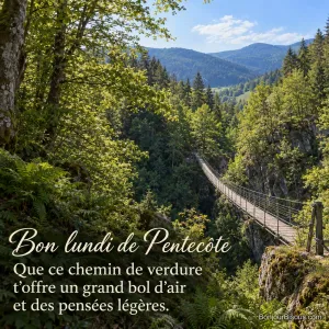 Une passerelle de bois suspendue traverse une gorge boisée des Vosges parmi les feuillages de mai, avec le texte « Bon lundi de Pentecôte Que ce chemin de verdure t’offre un grand bol d’air et des pensées légères. ».