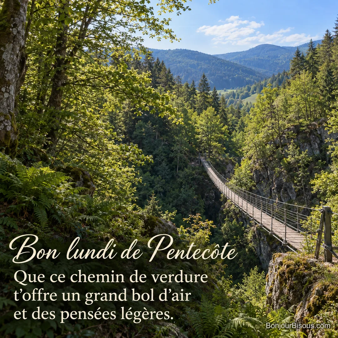 Une passerelle de bois suspendue traverse une gorge boisée des Vosges parmi les feuillages de mai, avec le texte « Bon lundi de Pentecôte Que ce chemin de verdure t’offre un grand bol d’air et des pensées légères. ». Une passerelle de bois suspendue traverse une gorge boisée des Vosges parmi les feuillages de mai, avec le texte « Bon lundi de Pentecôte Que ce chemin de verdure t’offre un grand bol d’air et des pensées légères. ».