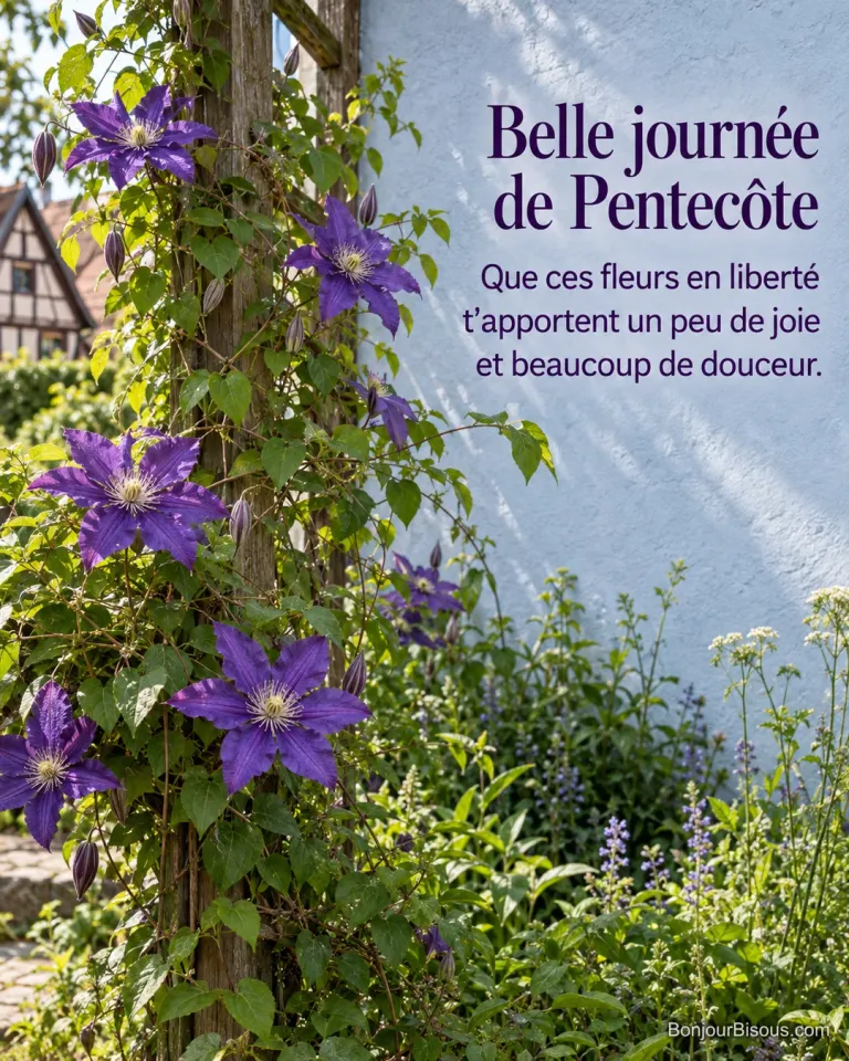 Une clématite violette fleurit sur un treillage de jardin alsacien, ses feuilles soulevées par la brise, avec le texte « Belle journée de Pentecôte Que ces fleurs en liberté t’apportent un peu de joie et beaucoup de douceur. ».